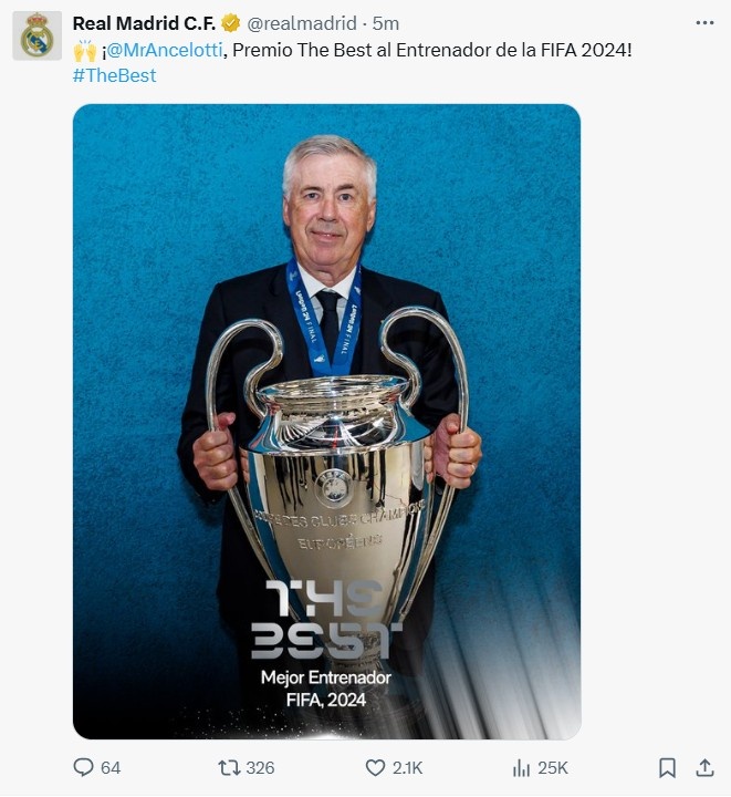 皇馬官方：恭喜安切洛蒂獲得2024年FIFA最佳教練獎(jiǎng)！